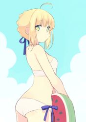  87banana ahoge artoria_pendragon_(fate) ass bare_shoulders bikini blonde_hair blue_sky braid braided_bun breasts cloud cloudy_sky commentary_request fate/hollow_ataraxia fate/stay_night fate_(series) female from_behind green_eyes hair_bun looking_at_viewer medium_breasts ribbon saber_(fate) sidelocks sky solo strapless strapless_bikini swimsuit watermelon_innertube 