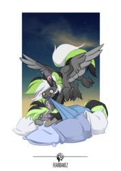  2020 ambiguous_gender bedding blanket closed_eyes duo elli_(livinthelife0friley) equid equine feardakez feathered_wings feathers feral flying fur graphite_sketch green_eyes grey_body grey_fur hasbro hi_res horse mammal my_little_pony mythological_creature mythological_equine mythology pegasus pillow pony sleeping smile star wings 