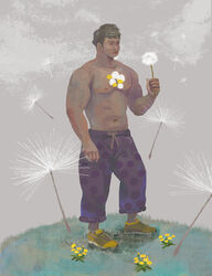  1boy abs acrylic_paint_(medium) bara bud commentary dandelion dandelion_clock dandelion_seed dark-skinned_male dark_skin english_commentary flower flower_on_chest full_body grass grey_sky hand_up highres holding holding_flower large_pectorals long_sideburns looking_ahead male_focus muscular muscular_male navel nipples original outdoors painting_(medium) pajamas pants pectorals purple_pants shoes short_hair sideburns sky sneakers solo standing stomach thick_eyebrows topless_male torajiro_art traditional_media white_flower yellow_flower yellow_footwear 