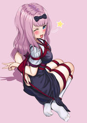  ;p absurdres arms_behind_back black_bow black_dress blue_eyes blush bondage bondage bondage bound bound_arms bow breasts cailin020 dress female from_behind fujiwara_chika hairbow highres kaguya-sama_wa_kokurasetai_~tensai-tachi_no_renai_zunousen~ kneehighs long_hair looking_at_viewer looking_back no_shoes one_eye_closed pink_background pink_hair red_rope restrained rope school_uniform shibari_over_clothes shirt short_sleeves shuuchiin_academy_school_uniform smile socks solo star_(symbol) summer_uniform tongue tongue_out v white_shirt white_socks 