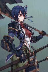  ass axe blue_bow blue_hair bow breasts english_commentary fantasy female hairbow highres holding holding_axe jin_grey_paladin mole mole_under_eye multiple_weapons nisekoi red_eyes sheath sheathed short_hair small_breasts solo sword tsugumi_seishirou twisted_torso weapon 