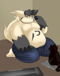  2009 anthro beard belly bottomwear clothing domestic_cat eyewear facial_hair felid feline felis generation_3_pokemon glasses iavan male mammal moobs nintendo overweight overweight_anthro overweight_male pants paran0id42 pokemon pokemon_(species) solo zangoose 