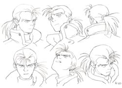  1990s_(style) 1boy aoki_uru expressions gainax long_hair monochrome multiple_views non-web_source official_art production_art reference_sheet retro_artstyle sadamoto_yoshiyuki traditional_media 