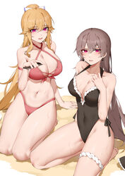  2girls absurdres alternate_color alternate_hairstyle anchor_earrings azur_lane beach bikini breasts casual_one-piece_swimsuit cellphone cleavage commentary_request cosplay costume_switch criss-cross_halter earrings hairstyle_switch halterneck highleg highleg_swimsuit highres jean_bart_(azur_lane) jean_bart_(azur_lane)_(cosplay) jean_bart_(private_apres_midi)_(azur_lane) jewelry kneeling large_breasts long_hair multiple_girls official_alternate_costume one-piece_swimsuit phone ponytail purple_eyes richelieu_(azur_lane) richelieu_(azur_lane)_(cosplay) richelieu_(fleuron_of_the_waves)_(azur_lane) sidelocks smartphone swimsuit thigh_strap wsfw 