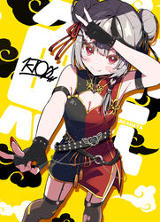  +_+ absurdres alternate_costume armpits arms_up black_nails breasts chinese_clothes cleavage cloud dark_clouds female garter_straps grey_hair hair_ornament highres hololive ichijo_rei looking_at_viewer medium_breasts multicolored_hair red_eyes red_nails sakamata_chloe streaked_hair text_background thighhighs virtual_youtuber x_hair_ornament 