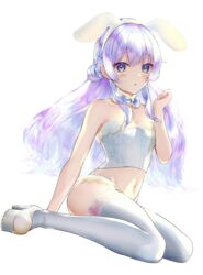  absurdres animal_ears bare_arms blue_bow blue_bowtie blue_eyes blush bow bowtie breasts choker cleavage dutch_angle fake_animal_ears female floating_hair full_body grey_background grey_hair hair_over_shoulder hairband high_heels highres long_hair looking_at_viewer midriff mirutani_nia navel noripro open_mouth panties rabbit_ears sitting small_breasts solo stomach strapless thighhighs transparent_background umeorima underwear very_long_hair virtual_youtuber wariza white_choker white_hairband white_panties white_thighhighs 