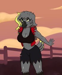  5:6 african_grey afrotropical_parrot anthro avian beak big_breasts bird bottomwear breasts ceige ceige_(character) cleavage clothed clothing cosplay farm farmer feathers female glistening glistening_body glistening_breasts grey_beak grey_body grey_feathers hair helluva_boss hi_res long_hair midriff millie_(helluva_boss) parrot pupils shorts smile solo tail tail_feathers torn_bottomwear torn_clothing torn_shorts true_parrot yellow_body yellow_eyes yellow_feathers yellow_pupils 