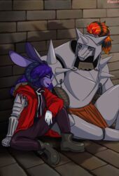  anthro armor closed_eyes cosplay duo female fullbody_suit fullmetal_alchemist hi_res hybrid lagomorph leporid mammal purple_body rabbit sitting sitting_on_ground smiling_at_each_other tsarinart wall_(structure) 