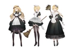  3girls black_gloves black_legwear blonde_hair choker closed_mouth clothes_lift commentary eyepatch gloves gwayo hair_between_eyes high_heels highres holding key korean_commentary lifting_own_clothes long_hair long_sleeves looking_at_viewer low_ponytail low_twintails maid maid_headdress multiple_girls one_eye_covered original shirt_lift short_hair short_sleeves shorts smile standing thighhighs twintails white_gloves yellow_eyes zettai_ryouiki 