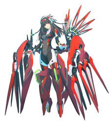  black_bodysuit black_hair bodysuit commentary_request female guratan headgear highres impossible_bodysuit impossible_clothes long_hair mecha_musume mechanical_wings open_mouth original red_eyes rigging solo white_background wings 