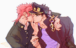  2boys arm_around_neck black_hair chains cherry_earrings chromatic_aberration cigarette commentary_request earrings faceless food-themed_earrings gakuran green_eyes hand_on_another&#039;s_shoulder hat holding holding_cigarette jacket jewelry jojo_no_kimyou_na_bouken kakyoin_noriaki kujo_jotaro kusamura_dai looking_at_another male_focus multiple_boys pink_hair school_uniform shirt short_hair simple_background stardust_crusaders whispering white_background yaoi 