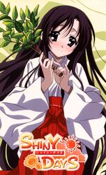  absurdres black_hair blush branch copyright_name female hakama hakama_skirt highres japanese_clothes katsura_kotonoha leaf looking_at_viewer miko official_art red_hakama scan school_days shinto shiny_days skirt solo 