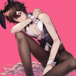  1boy animal_ears bare_arms bare_shoulders black_vest blush brown_hair commentary embarrassed endend_(shinia) fake_animal_ears feet_out_of_frame fishnet_pantyhose fishnets granblue_fantasy looking_away male_focus male_playboy_bunny open_clothes open_shirt pantyhose paper pectoral_cleavage pectorals pink_background protected_link rabbit_ears red_eyes sandalphon_(granblue_fantasy) shirt short_hair signature simple_background sitting sleeveless sleeveless_shirt solo tights_day vest white_shirt wrist_cuffs 