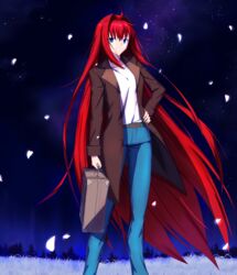  absurdres ahoge aozaki_aoko belt belt_buckle blue_eyes blue_pants brown_belt brown_coat buckle coat collarbone female floating_hair grin hair_between_eyes hair_intakes hand_on_own_hip highres holding long_hair long_sleeves looking_at_viewer night open_clothes open_coat outdoors pants red_hair shirt sky smile solo standing star_(sky) starry_sky suitcase tsukihime tsukinaga very_long_hair white_shirt 