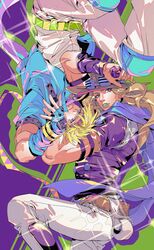  2boys absurdres al_(ahr) arm_up armband battle_tendency belt belt_buckle blonde_hair blue_eyes blue_gloves blue_jacket buckle caesar_anthonio_zeppeli closed_mouth commentary diffraction_spikes eyebrows_hidden_by_hair fabulous facial_hair facial_mark feather_hair_ornament feathers fingerless_gloves gloves goggles goggles_on_headwear green_lips gyro_zeppeli hair_ornament hat headband highres jacket jojo_no_kimyou_na_bouken knee_pads knee_up light_brown_hair light_smile lipstick long_hair looking_at_viewer makeup male_focus multiple_boys name_connection official_style parted_lips pink_scarf purple_eyes purple_scarf related rotational_symmetry scarf shiny_clothes short_hair steel_ball_(jojo) steel_ball_run upside-down 