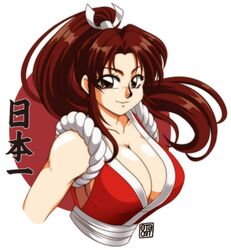  0tacat 1990s_(style) artist_name bare_shoulders breasts brown_eyes brown_hair cleavage collarbone commentary fatal_fury female hair_ornament high_ponytail highres large_breasts long_hair looking_at_viewer ninja parted_bangs parted_lips ponytail retro_artstyle rope shiny_skin shiranui_mai signature simple_background sleeveless smile solo the_king_of_fighters upper_body 