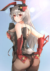  absurdres animal_ears armor ass back bare_shoulders breasts charolic_(girls&#039;_frontline_2) closed_mouth cowboy_shot female from_behind gauntlets girls&#039;_frontline girls&#039;_frontline_2:_exilium grey_hair hands_on_ass highres leotard long_hair looking_at_viewer looking_back mechanical_ears medium_breasts muteppona_hito pantyhose rabbit_ears rabbit_tail red_eyes solo standing tail thighs 