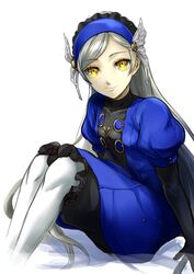  black_gloves blue_dress blue_hairband closed_mouth dress female gloves grey_hair hairband highres igusaharu lavenza_(persona_5) layered_sleeves long_hair long_sleeves looking_at_viewer pantyhose parted_bangs persona persona_5 short_over_long_sleeves short_sleeves simple_background sitting smile solo very_long_hair white_background white_pantyhose yellow_eyes 