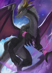  absurd_res ambiguous_gender cloud countershading dragon featureless_crotch feral front_view grey_body grey_scales grey_tail hi_res horn long_neck membrane_(anatomy) membranous_wings mythological_creature mythological_scalie mythology open_mouth pink_eyes pink_wings pupils red_sclera scales scalie sky slit_pupils solo star t.y.stars tail wings yellow_horn 