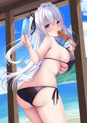  absurdres ass bare_arms beach bikini black_bikini blue_eyes blue_sky blush breasts cloud commentary_request covered_nipples crossed_bangs day eating female food fried_squid grey_hair hair_between_eyes hair_ribbon halterneck hanonokusa highres holding holding_food large_breasts long_hair looking_at_viewer maid_headdress ocean original outdoors popsicle ribbon side-tie_bikini_bottom sideboob sky solo standing string_bikini swimsuit two_side_up underboob very_long_hair 