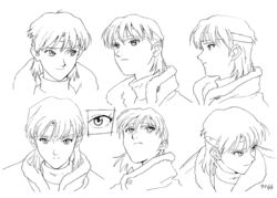  1990s_(style) aoki_uru expressions female gainax headband monochrome multiple_views non-web_source official_art production_art reference_sheet retro_artstyle sadamoto_yoshiyuki short_hair traditional_media 