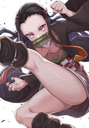  asa_no_ha_(pattern) bamboo bit_gag black_hair brown_hair checkered_sash clenched_hand commentary ebinomi female film_grain fingernails forehead gag gagged gradient_hair highres japanese_clothes kamado_nezuko kicking kimetsu_no_yaiba kimono kneepits leg_up long_hair multicolored_hair pink_eyes pink_kimono sharp_fingernails simple_background slit_pupils solo thighs tsurime v-shaped_eyebrows white_background wide_sleeves 