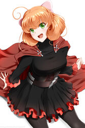  :d ahoge bangs banned_artist belt black_dress black_legwear bow breasts brown_belt cape cosplay dress eyebrows_visible_through_hair female from_above hair_between_eyes hairbow head_tilt highres kimmy77 large_breasts layered_dress long_hair long_sleeves looking_at_viewer orange_hair pantyhose penny_polendina pink_bow red_cape ruby_rose ruby_rose_(cosplay) rwby shiny shiny_clothes shiny_hair shiny_legwear short_dress simple_background sitting smile solo white_background 