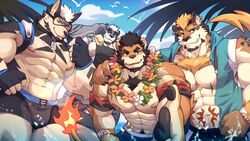  4boys :p abs alca_(wakatanka4) alca_the_lion animal_ears arm_tattoo bara beach beard beckoning beenic black_hair black_male_swimwear bulge chest_tattoo dog_boy dog_ears eyewear_on_head facial_hair fang_out fingerless_gloves flower flower_necklace forgetch_(chen0for) furrification furry furry_male gloves goggles gyee hand_on_another&#039;s_shoulder headphones headphones_around_neck highres jaguar_boy jaguar_ears large_pectorals lion_boy lion_ears lion_tail looking_at_viewer male_focus male_swimwear mature_male multiple_boys muscular muscular_male navel navel_hair nipple_slip nipples oerba_yun_fang original outdoors outstretched_hand pectorals reaching reaching_towards_viewer romg romg_the_jaguar second-party_source short_hair sideburns sidepec smile stomach stomach_tattoo sunglasses swim_trunks tail tattoo thick_eyebrows thick_thighs thighs tiger_boy tiger_ears tongue tongue_out topless_male uutiger 