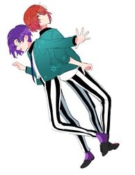  1boy arm_up back-to-back bad_id bad_twitter_id bishounen_series blue_necktie doujima_mayumi female fukuroi_mitsuru glasses green_jacket hair_over_one_eye hayo_see highres jacket looking_at_viewer necktie pants purple_eyes purple_hair purple_legwear red_eyes red_hair reverse_trap school_uniform striped_clothes striped_pants yubiwa_high_school_uniform 