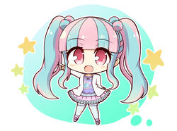  :d bang_dream! blue_hair blue_pantyhose blunt_bangs blush_stickers chibi circle clothes_writing commentary_request female frilled_skirt frills full_body green_background hair_bobbles hair_ornament highres jacket jewelry long_hair looking_at_viewer multicolored_hair necklace nyubara_reona open_clothes open_jacket open_mouth pale_color pantyhose pink_hair pink_skirt platform_footwear pointing purple_footwear purple_shirt red_eyes shirt sidelocks skirt skirt_hold smile solo star_(symbol) star_print starry_background teen_(teen629) twintails two-tone_hair white_background white_jacket wristband 