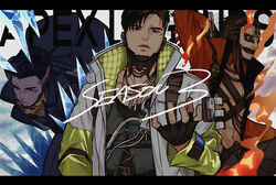  1boy apex_legends black_eyes black_gloves black_hair black_jacket black_shirt copyright_name crypto_(apex_legends) fingerless_gloves fire gloves green_vest head_tilt highres ice jacket jewelry letterboxed looking_at_viewer looking_down male_focus multicolored_hair multiple_views navel necklace official_alternate_costume open_hand open_mouth red_hair rising_phoenix_crypto shirt streaked_hair the_hired_gun_crypto tsukura_sae undercut vest white_jacket 