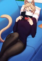  animal_ear_fluff animal_ears black_eyes black_pantyhose blonde_hair blush book cat_ears cat_tail commentary couch covering_own_mouth english_commentary female glasses iradel_gensei long_sleeves looking_at_viewer lying on_back open_book original panties pantyhose pantyshot pillow razalor round_eyewear short_hair solo sweater tail thick_eyebrows thighband_pantyhose underwear 