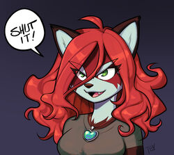  ailurid angry anthro breasts clothing english_text eyebrows fangs female green_clothing green_eyes green_shirt green_t-shirt green_topwear hair heart_pendant hi_res lapinbeau long_hair mammal medium_breasts red_hair red_panda roxie_(lapinbeau) shirt solo speech_bubble t-shirt teeth text thick_eyebrows topwear 