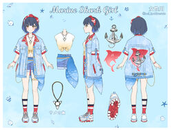  anchor anchor_print black_hair blue_hair bracelet breast_pocket buttons closed_mouth coat commentary denim denim_shorts female fish from_behind from_side full_body hairband highres jewelry looking_at_viewer marine_shark_girl_(project_sekai) midriff multiple_views navel necklace nei_(aduma1120ponpon) open_clothes open_coat pocket project_sekai shark shell shiraishi_an short_hair short_sleeves shorts smile socks standing translation_request turnaround twitter_username yellow_eyes 