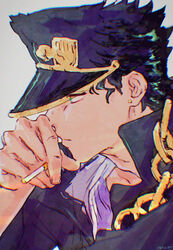  1boy artist_name black_hair chains chromatic_aberration cigarette closed_mouth commentary_request earrings expressionless eyebrows_visible_through_hat eyes_visible_through_headwear from_side gakuran hat highres holding holding_cigarette jewelry jojo_no_kimyou_na_bouken kujo_jotaro kusamura_dai male_focus popped_collar school_uniform shirt signature simple_background stardust_crusaders upper_body white_background 