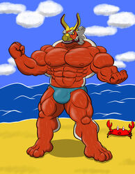  1boy animal anthro arthropod beach biceps big_muscles boat clothed clothing crab crustacean half-dressed hi_res king_of_red_lions krosbar_(artist) living_machine male male_only marine muscular muscular_male nintendo outside pecs pose seaside solo standing the_legend_of_zelda the_wind_waker thong topless vehicle video_games 