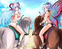  2girls akuru_(akr369akr) ass bare_shoulders barefoot beach bikini black_bikini blue_sky breasts bug butterfly butterfly_wings cloud cloudy_sky curled_horns day facial_mark fairy_wings fire_emblem fire_emblem_heroes flower flower_necklace forehead_mark freyja_(fire_emblem) freyja_(summer)_(fire_emblem) goat_horns grey_hair hair_flower hair_ornament high_heels holding holding_reins horns horse horseback_riding insect_wings large_breasts long_hair looking_at_viewer looking_back multiple_girls ocean official_alternate_costume outdoors plant plumeria plumeria_(fire_emblem) plumeria_(summer)_(fire_emblem) pointy_ears red_eyes red_horns reins riding sandals side-tie_bikini_bottom sideboob sky spurs swimsuit thorns very_long_hair vines white_bikini white_horse wings 