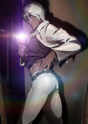  1boy ass cellphone clothes_lift commentary_request dark-skinned_male dark_skin flashlight highres katou_teppei kekkai_sensen lens_flare male_focus midriff pants phone selfie shirt_lift smartphone solo tight_clothes tight_pants white_hair white_pants zap_renfro 