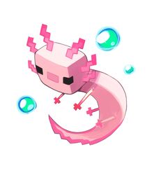  absurdres animal_focus axolotl axolotl_(minecraft) black_eyes bubble closed_eyes colored_skin commentary cube english_commentary firebay full_body highres long_tail md5_mismatch minecraft no_humans open_mouth pink_skin scales simple_background solo tail white_background x_fingers 