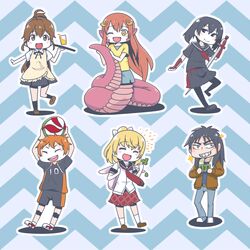  2boys 4girls :d ;d ^_^ ^o^ akame_ga_kill! anne_happy ball black_eyes black_hair black_shirt black_skirt blonde_hair blue_dress blush brown_eyes brown_hair brown_jacket card closed_eyes dress full_body haikyuu!! hair_ornament hairclip hanakoizumi_an highres hinata_shouyou holding holding_ball holding_card holding_sword holding_weapon itou_kaiji jacket kaiji kurome_(akame_ga_kill!) lamia long_hair miia_(monster_musume) monster_girl monster_musume_no_iru_nichijou multiple_boys multiple_girls necktie one_eye_closed open_mouth orange_eyes orange_hair pants ponytail red_hair red_skirt scar scar_on_face school_uniform serafuku shirt shorts skirt smile sportswear sword taneshima_popura techsupportdog volleyball_uniform weapon working!! yellow_shirt 