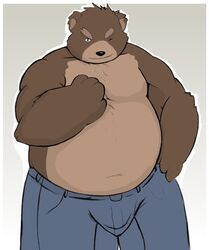  2009 anthro bear belly bottomwear brown_body brown_fur clothing fur iavan male mammal one_eye_closed overweight overweight_anthro overweight_male pants paran0id42 simple_background solo wink 