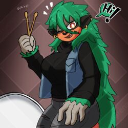  1:1 abstract_background anthro ape big_breasts black_clothing black_hoodie black_topwear breasts clothed clothing denim denim_clothing denim_jacket denim_topwear dialogue diamond_grenadier digital_media_(artwork) drum drumstick_(musical) ear_piercing ear_ring english_text female fully_clothed generation_8_pokemon gold_(metal) gold_ear_ring gold_jewelry gorilla green_hair hair haplorhine hi_res hoodie jacket jewelry leaf leaf_hair mammal musical_instrument nintendo one_eye_closed percussion_instrument piercing plant plant_hair pokemon pokemon_(species) pokemorph portrait primate pseudo_hair rillaboom ring_piercing sitting solo speech_bubble text three-quarter_portrait topwear 