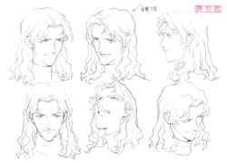  1990s_(style) 1boy aoki_uru expressions gainax long_hair monochrome multiple_views non-web_source note official_art production_art reference_sheet retro_artstyle sadamoto_yoshiyuki traditional_media 