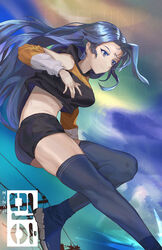  bae_minah_(chaesu) black_thighhighs blue_eyes blue_footwear blue_hair borrowed_character breasts commission crop_top cropped_hoodie female godsh0t highres hood hoodie long_hair medium_breasts midriff original outdoors overhead_line profile shoes short_shorts shorts sneakers solo thighhighs 