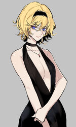  alice_margatroid alternate_costume arm_grab black_dress black_hairband blonde_hair blue_eyes breasts breasts_apart cowboy_shot dress female hairband highres jewelry kaoru_(alicemakoto) lace-trimmed_hairband lace_trim looking_at_viewer necklace short_hair small_breasts solo touhou white_background 