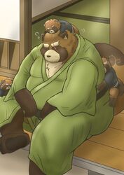  2020 absurd_res anthro belly brown_body brown_fur canid canine closed_eyes clothing detailed_background fur group gyobu&#039;s_underlings gyobu_(tas) hi_res kemono lifewonders male mametanu_tanuki mammal overweight overweight_male raccoon_dog robe scar sitting sleeping tanuki tokyo_afterschool_summoners 