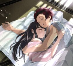  1boy black_hair closed_eyes couple earrings female floating_hair futon grey_kimono japanese_clothes jewelry kamado_tanjirou kimetsu_no_yaiba kimono long_hair lying on_side open_mouth parted_lips pink_kimono red_hair san_mon scar scar_on_face scar_on_forehead short_hair sleeping straight tsuyuri_kanao 