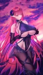  absurdres azur_lane bare_shoulders black_gloves black_headband black_horns black_skirt black_wings boots breasts brown_pantyhose center_cross_lace center_frills clothing_cutout cloud cloudy_sky cowboy_shot curled_horns demon_girl demon_horns demon_tail demon_wings dutch_angle eeyoosekedooaat elbow_gloves english_text evening female frills gloves hair_intakes headband heart_cutout highres hindenburg_(azur_lane) horns huge_breasts knee_boots long_hair long_pointy_ears looking_at_viewer low_wings microskirt pantyhose pink_pupils pointy_ears red_eyes red_hair see-through single_knee_boot skirt sky slit_pupils stomach_cutout tail underboob underboob_cutout very_long_hair wings 