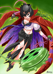  5_fingers arm_wraps bancholillymon bandai_namco belt black_eyes bottomwear breasts cape chicago-x cleavage clothed clothing digimon digimon_(species) female fingerless_gloves fingers flail flower footwear gloves handwear holding_object holding_weapon humanoid japanese_text leaf looking_at_viewer melee_weapon midriff navel pink_body pink_skin plant plant_hair pseudo_hair shirt shoes simple_background skirt smile solo text tied_shirt topwear vines weapon wraps yo-yo 