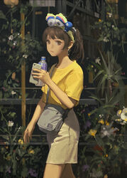  bag bottle brown_eyes brown_hair commentary cowboy_shot drink earrings female flower holding holding_bottle holding_drink hoop_earrings jewelry long_hair looking_at_viewer original outdoors phone plant ponytail shadow shirt short_sleeves shorts shoulder_bag solo symbol-only_commentary wang-xi water_bottle yellow_shirt 